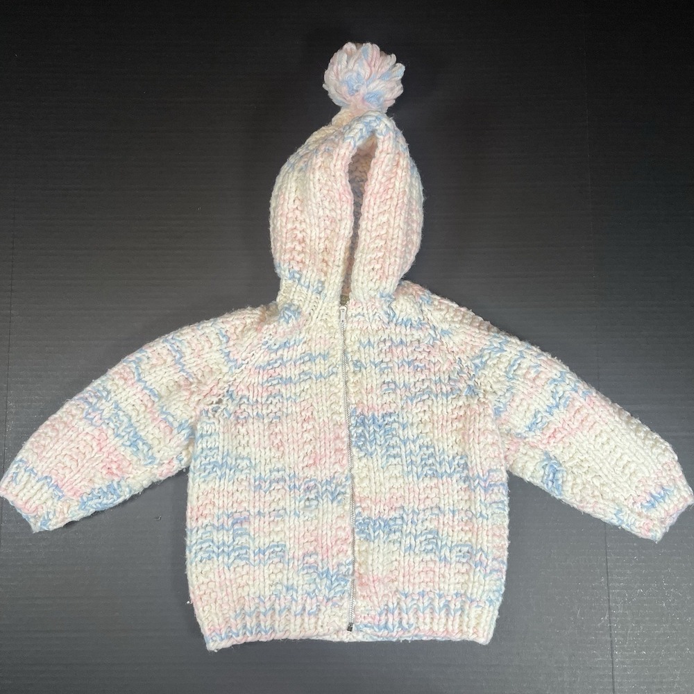 Toddler Kids White Pink Blue Hand Knit Crochet Full Zip Sweater Hood 2T